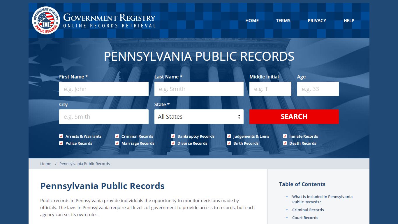 Pennsylvania Public Records - GovernmentRegistry.Org